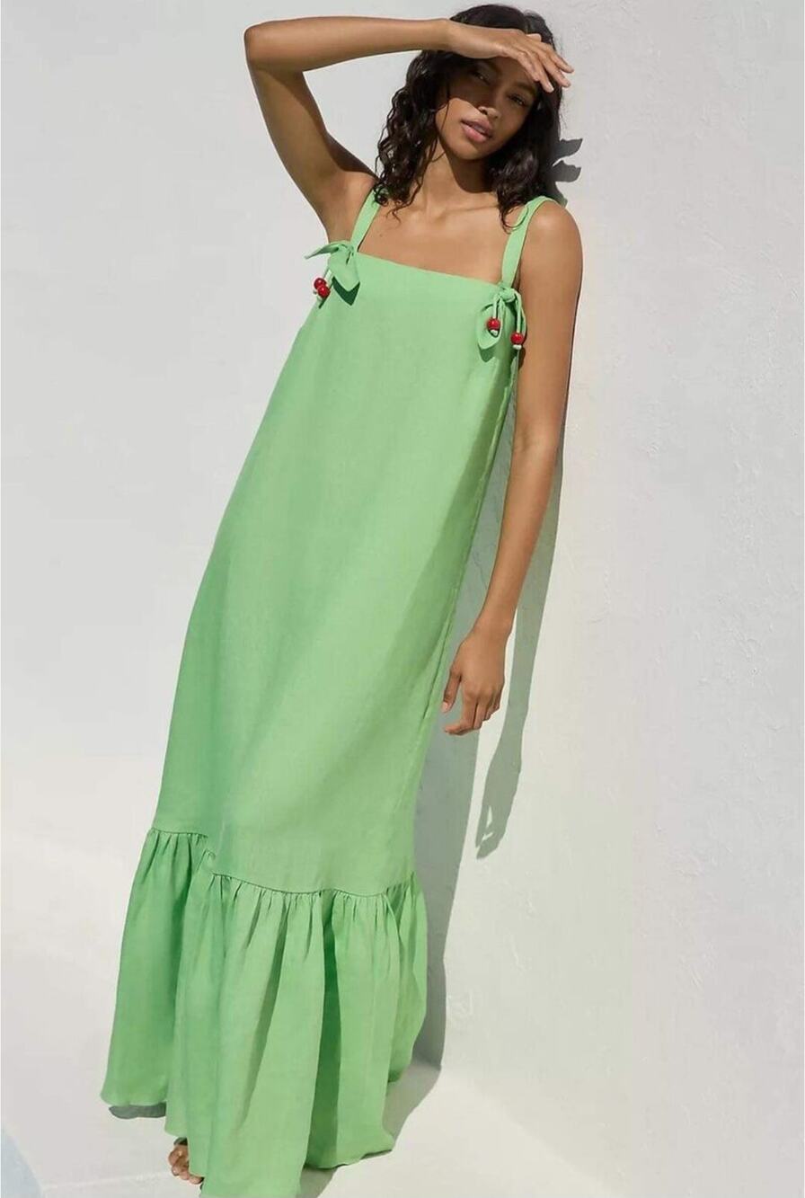 Anthropologie Adriana Degreas Women's Green Cherry Bomb Linen Dress Size Small